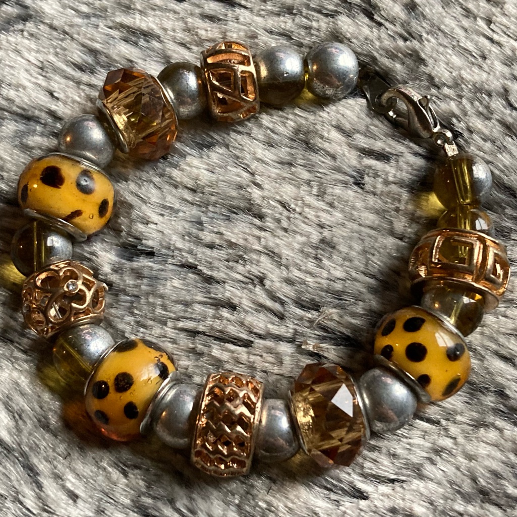Brown & Black Artglass Bracelet W/ Metal Accents